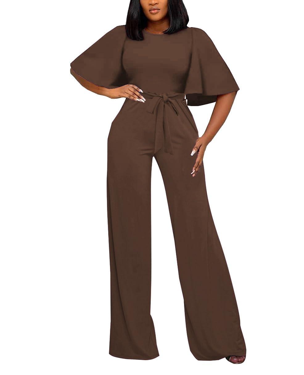 Women's Loose Short Sleeve Belted Wide Leg Jumpsuit – Casual Business One Piece
