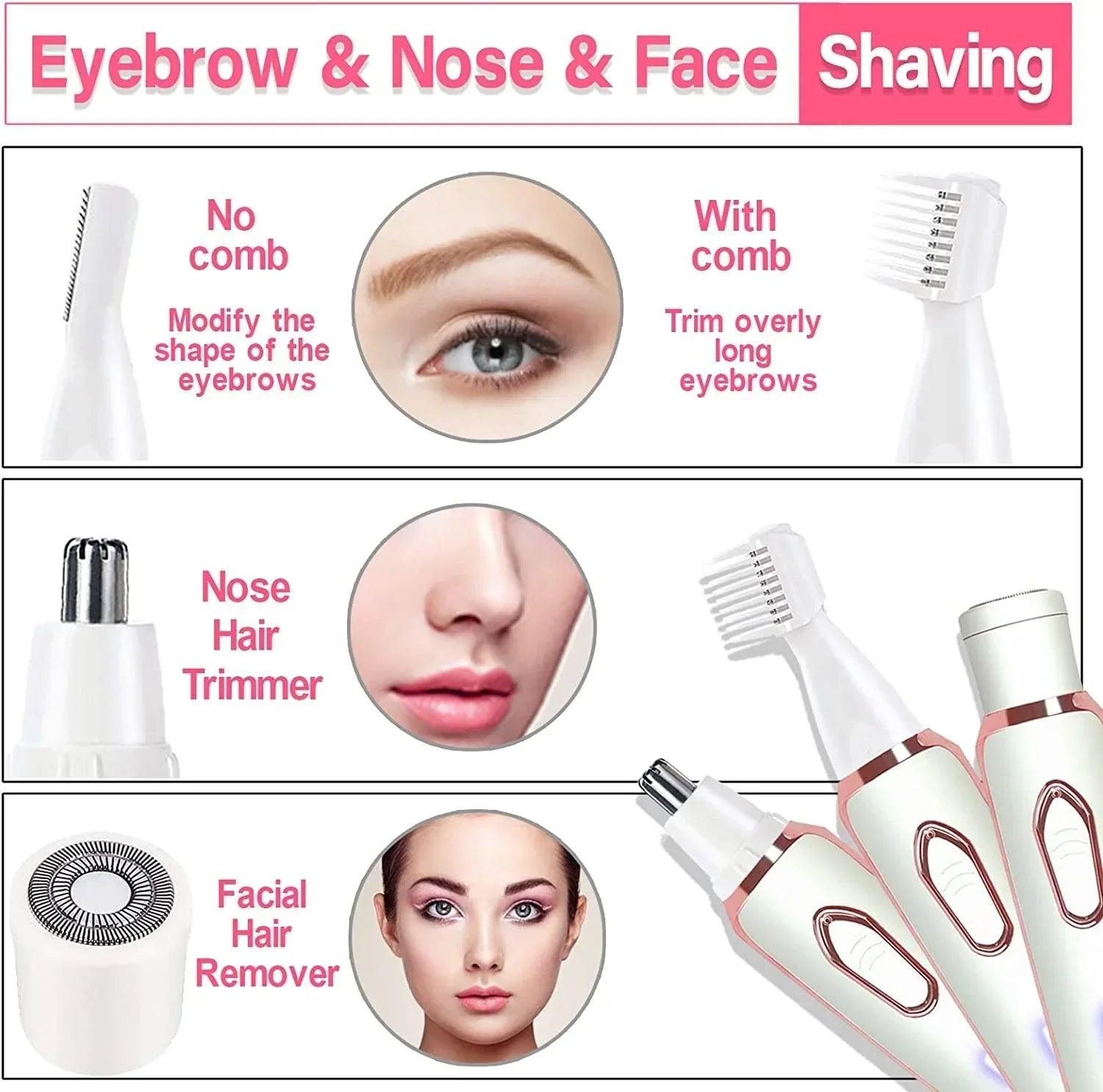 4-in-1 Electric Hair Removal Kit for Women – Bikini, Eyebrow, Nose & Facial Trimmer Set - Dazzling Beauty Solution