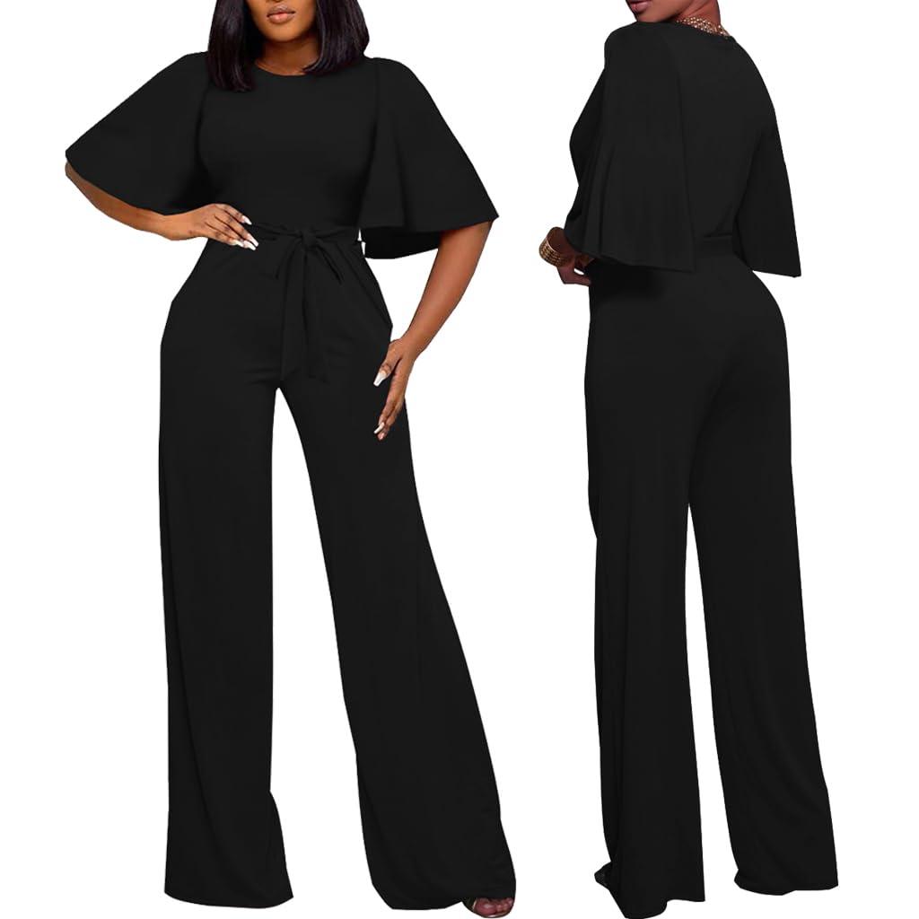 Women's Loose Short Sleeve Belted Wide Leg Jumpsuit – Casual Business One Piece