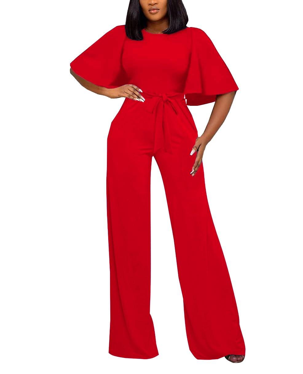 Women's Loose Short Sleeve Belted Wide Leg Jumpsuit – Casual Business One Piece