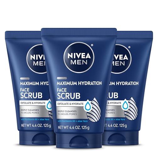 NIVEA MEN Maximum Hydration Face Scrub with Provitamin B5 and Aloe Vera, Exfoliating Face Wash Deeply Cleanses to Unclog Pores, 4.4 Oz Tube, Pack of 3
