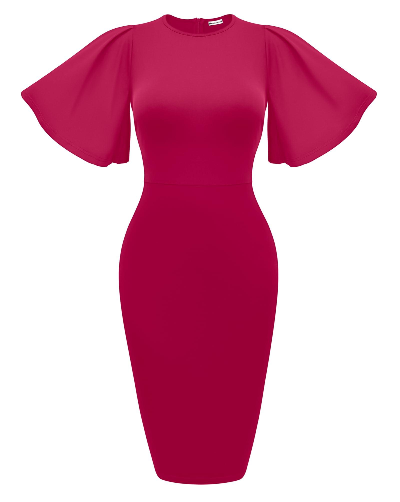 Women's Ruffle Sleeve Bodycon Midi Dress – Short Sleeve Pencil Dress