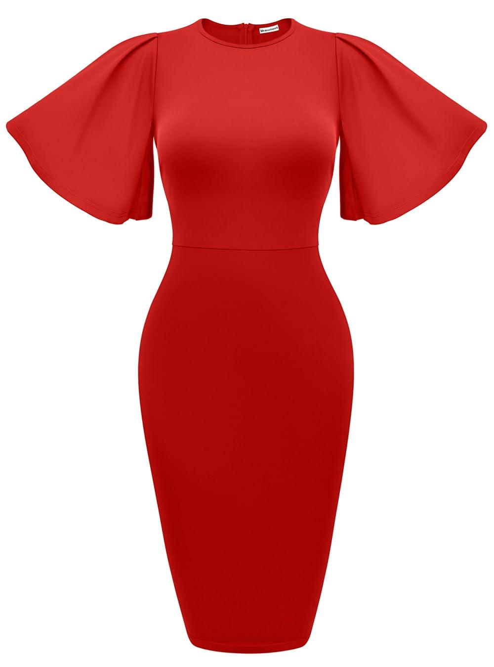 Women's Ruffle Sleeve Bodycon Midi Dress – Short Sleeve Pencil Dress