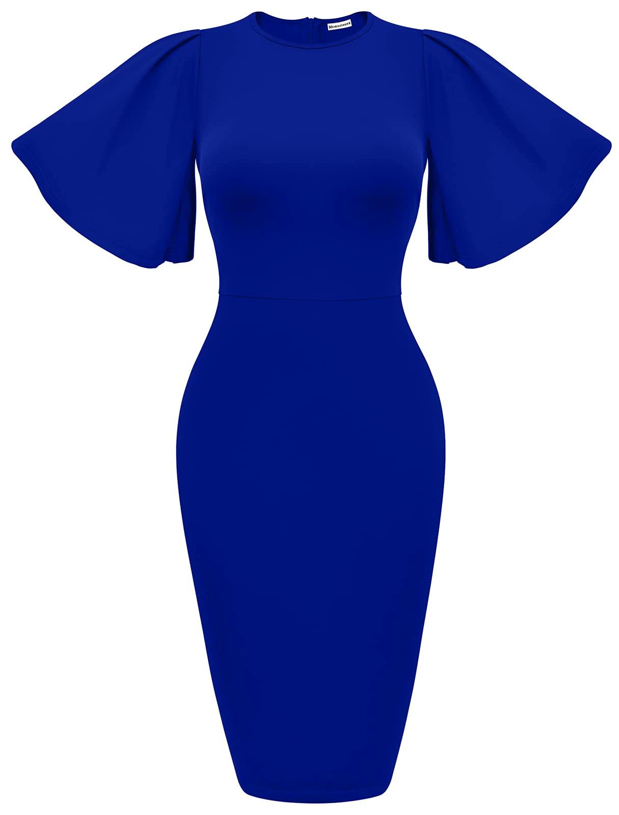 Women's Ruffle Sleeve Bodycon Midi Dress – Short Sleeve Pencil Dress
