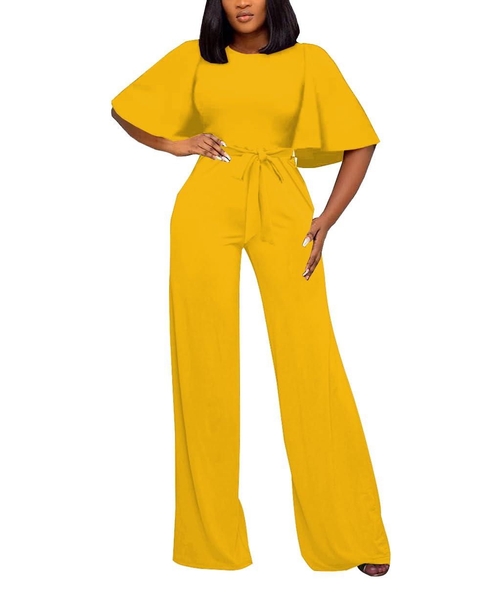 Women's Loose Short Sleeve Belted Wide Leg Jumpsuit – Casual Business One Piece