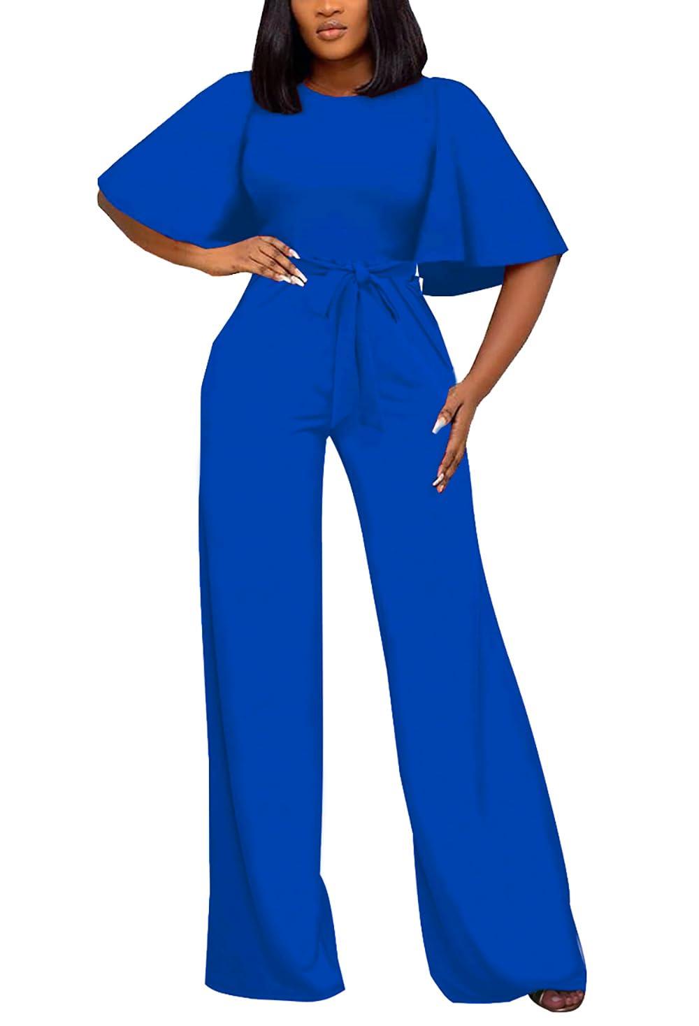 Women's Loose Short Sleeve Belted Wide Leg Jumpsuit – Casual Business One Piece