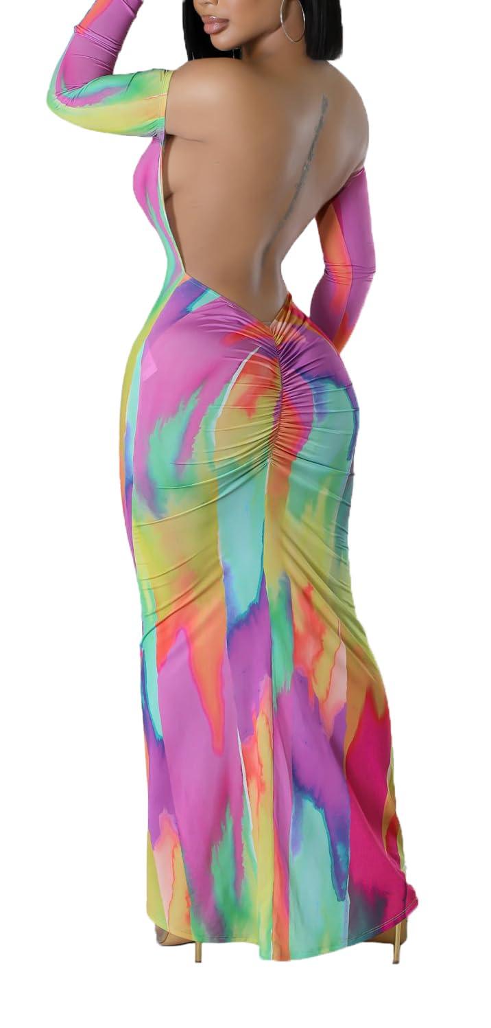 Women's Off Shoulder Long Sleeve Bodycon Maxi Dress - Sexy Backless Party Dress