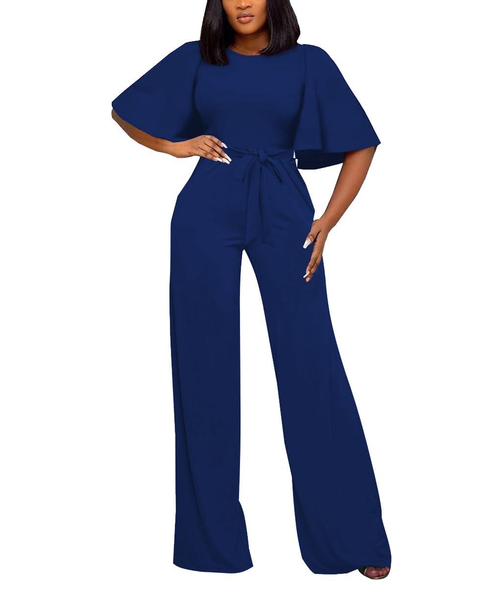 Women's Loose Short Sleeve Belted Wide Leg Jumpsuit – Casual Business One Piece