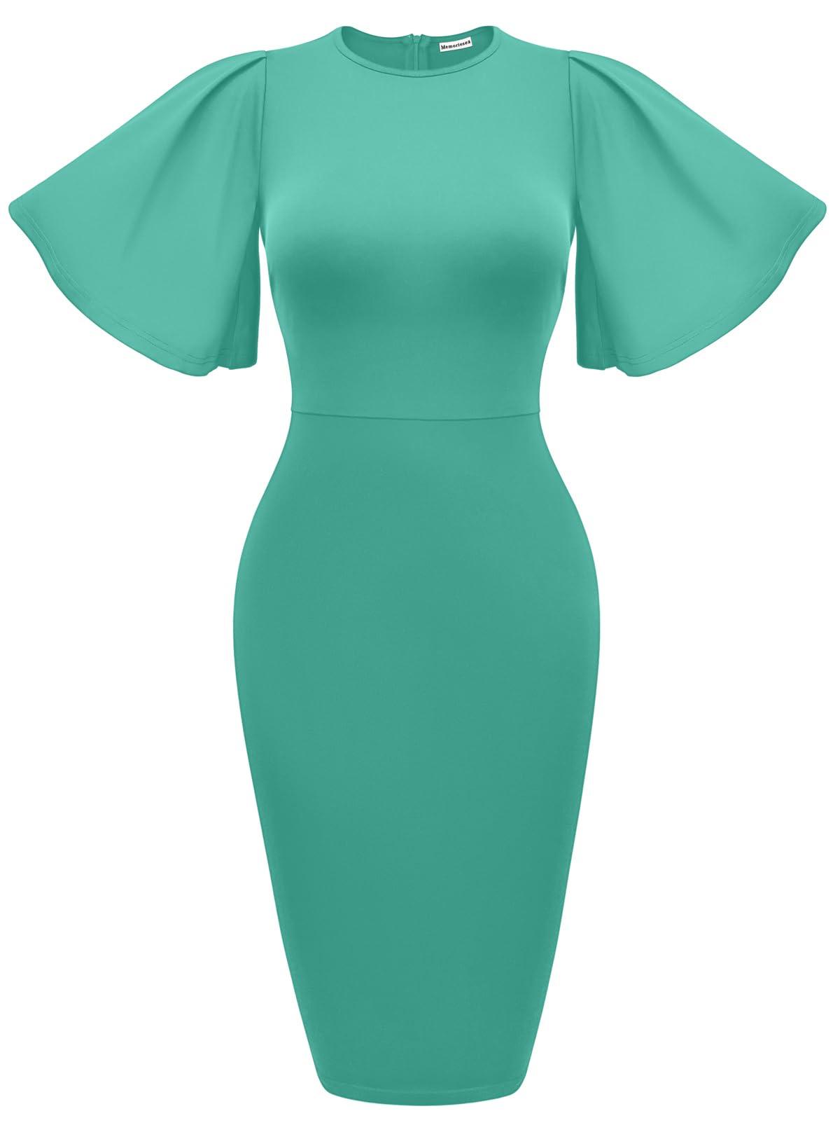Women's Ruffle Sleeve Bodycon Midi Dress – Short Sleeve Pencil Dress
