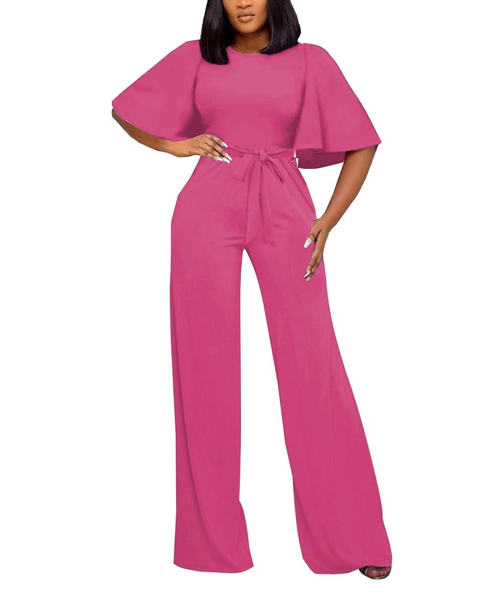 Women's Loose Short Sleeve Belted Wide Leg Jumpsuit – Casual Business One Piece