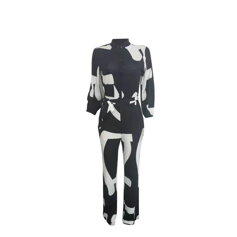 European And American Women's Clothing Elegant Cardigan Stitching Printing Jumpsuit - Dazzling Beauty Solution