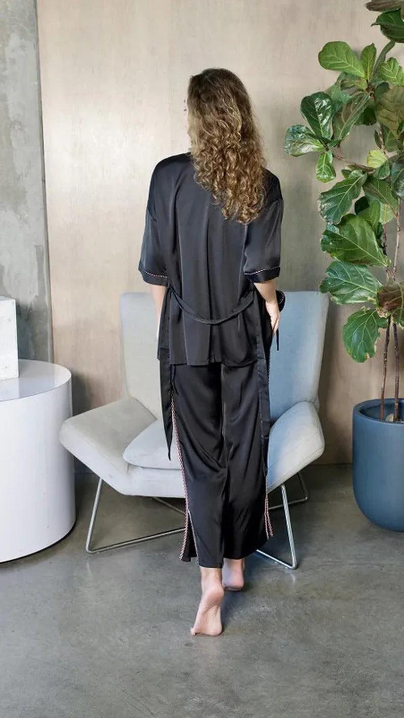 Black Silky 3 Piece Kimono Pajama Sets - Dazzling Beauty Solution