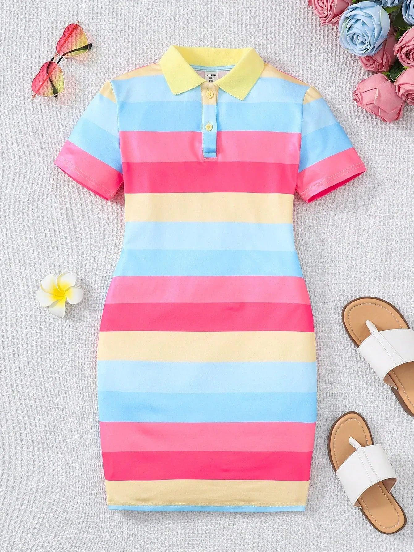 Tween Girls Striped Color-Block Polo Collar Knit Dress Casual Fitted Style - Dazzling Beauty Solution