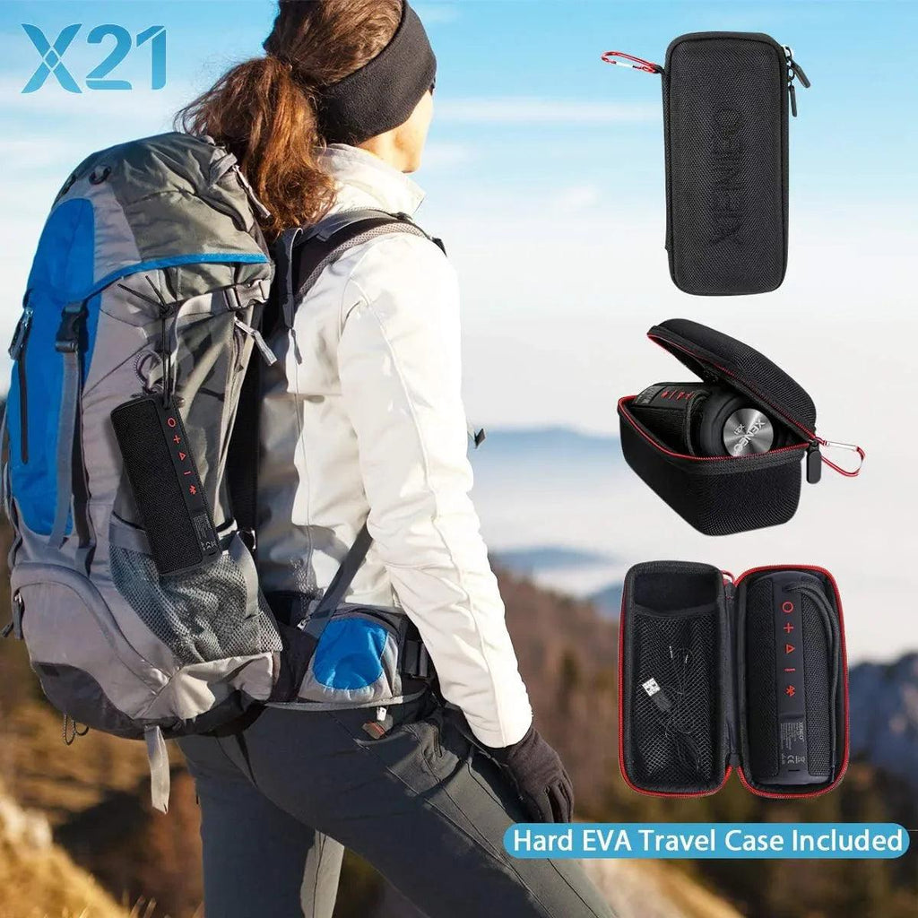 X21 Portable Outdoor Wireless Bluetooth Speaker Waterproof with FM Radio, Micro SD Card Slot, AUX for Shower - Hard Travel Case Included - Dazzling Beauty Solution