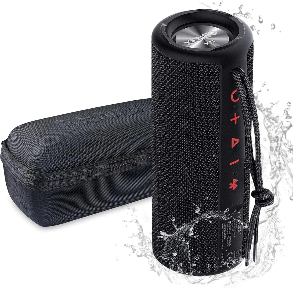 X21 Portable Outdoor Wireless Bluetooth Speaker Waterproof with FM Radio, Micro SD Card Slot, AUX for Shower - Hard Travel Case Included - Dazzling Beauty Solution