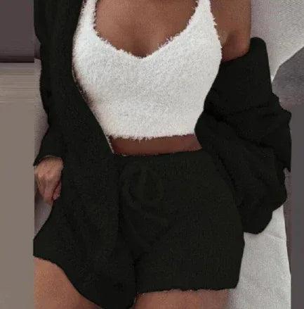 3pcs Women’s Pajama Set – Crop Top & Drawstring Shorts Loungewear - Dazzling Beauty Solution