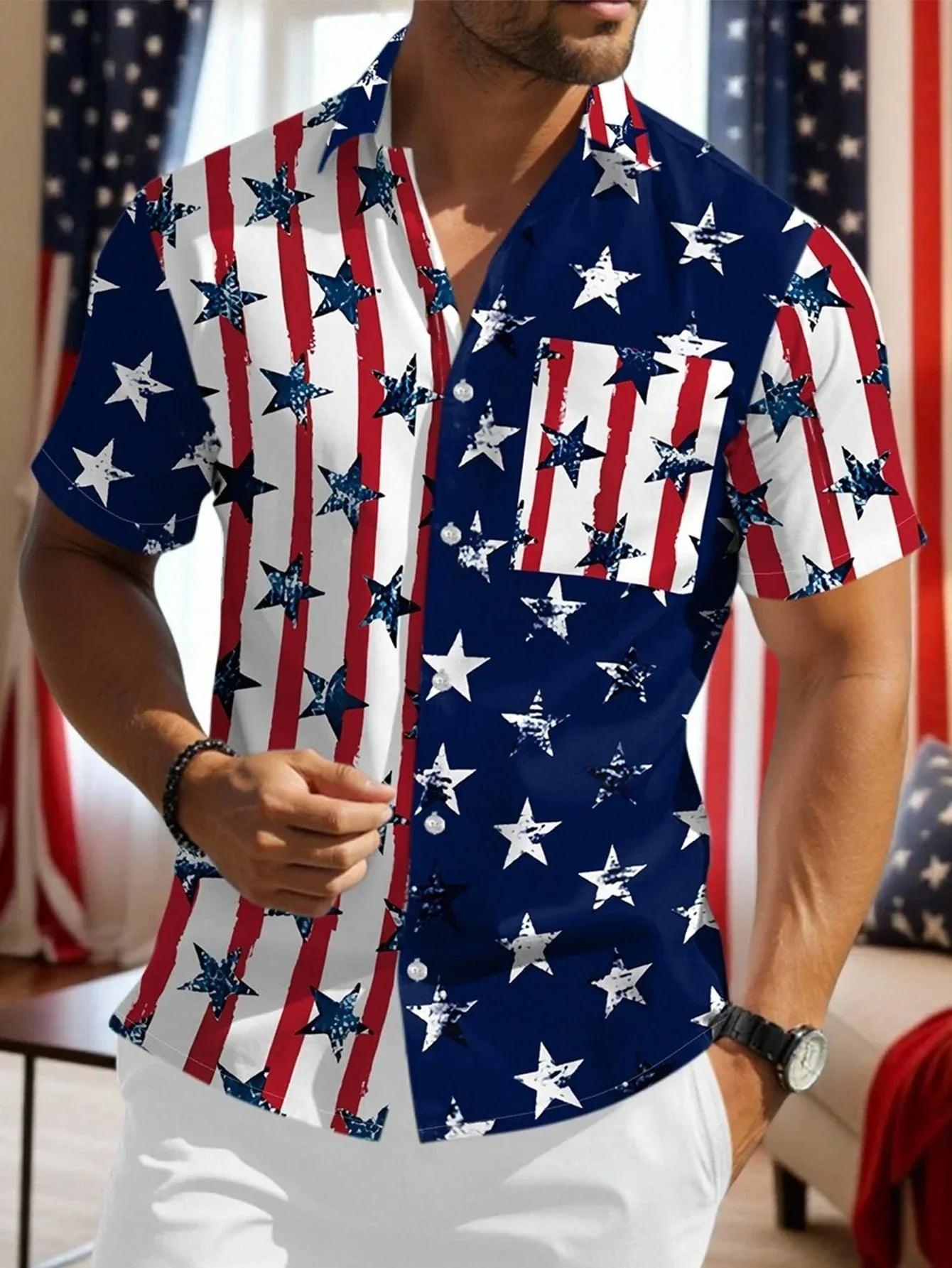 Manfinity Homme Men'S Summer USA Flag Printed Short Sleeve Single-Breasted Casual Shirt for 4Th of July - Dazzling Beauty Solution