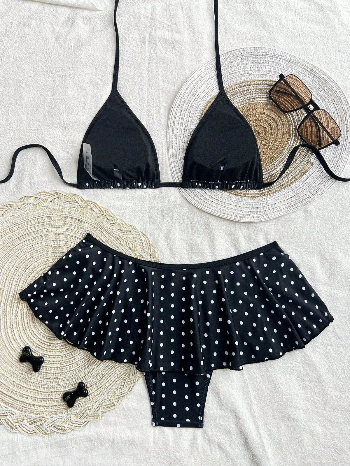 Swim Chiccia Women’s 2-Piece Polka Dot Bikini – Spaghetti Strap Top & Ruffled Contrast Bottoms - Dazzling Beauty Solution