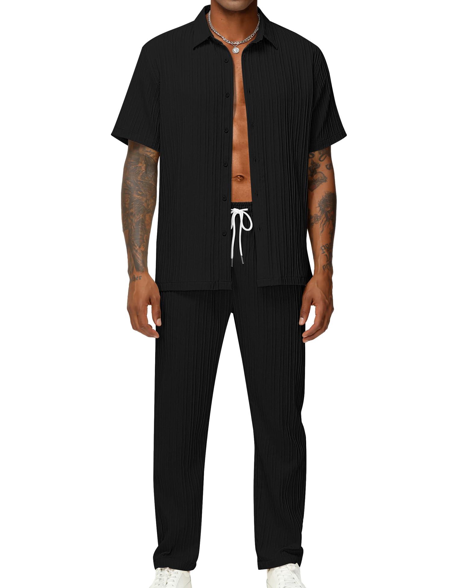 LecGee Men's 2 Piece Vertical Striped Textured Outfits Summer Casual Button Down Shirts And Pants Matching Sets