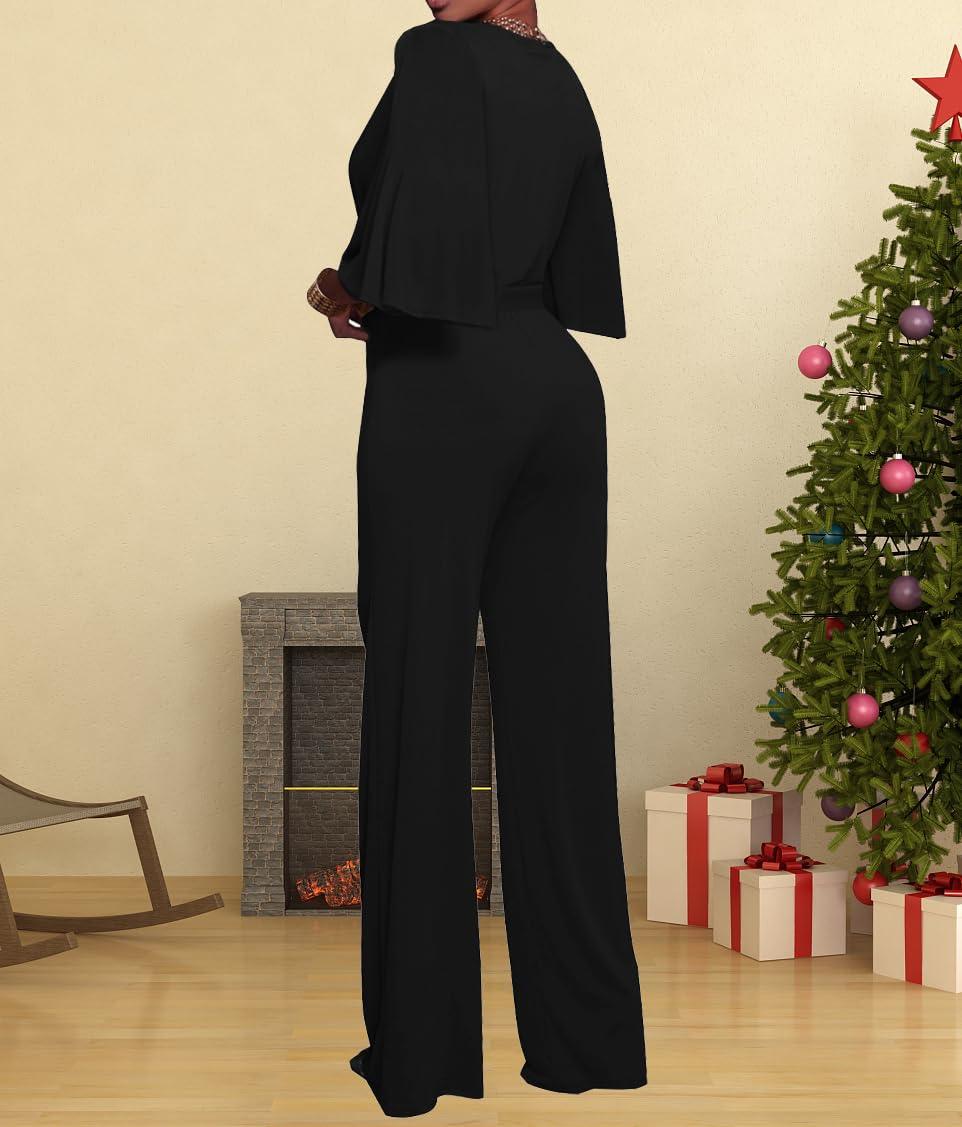 Women's Loose Short Sleeve Belted Wide Leg Jumpsuit – Casual Business One Piece