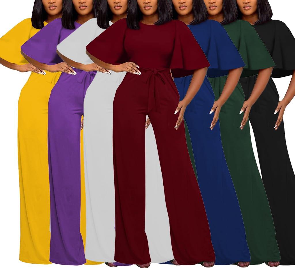 Women's Loose Short Sleeve Belted Wide Leg Jumpsuit – Casual Business One Piece