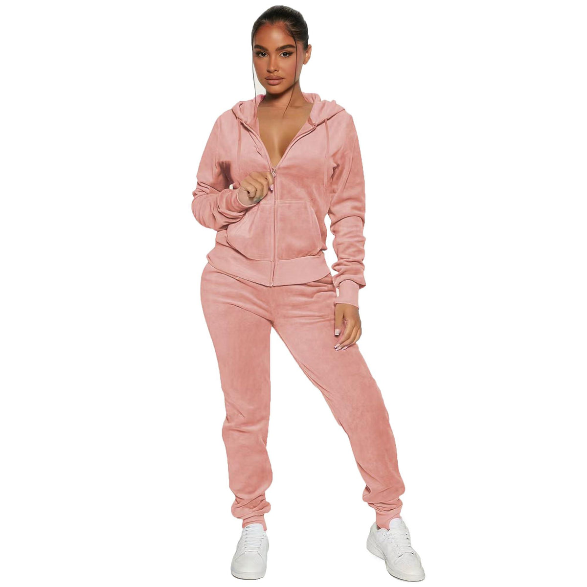 Women's 2-Piece Velour Tracksuit – Hooded Zip Crop Top & Jogger Pants