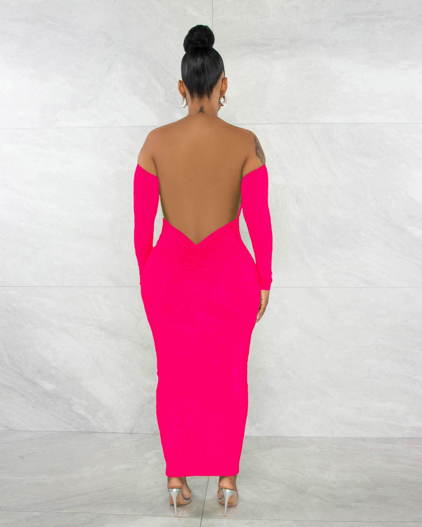 Women's Off Shoulder Long Sleeve Bodycon Maxi Dress - Sexy Backless Party Dress