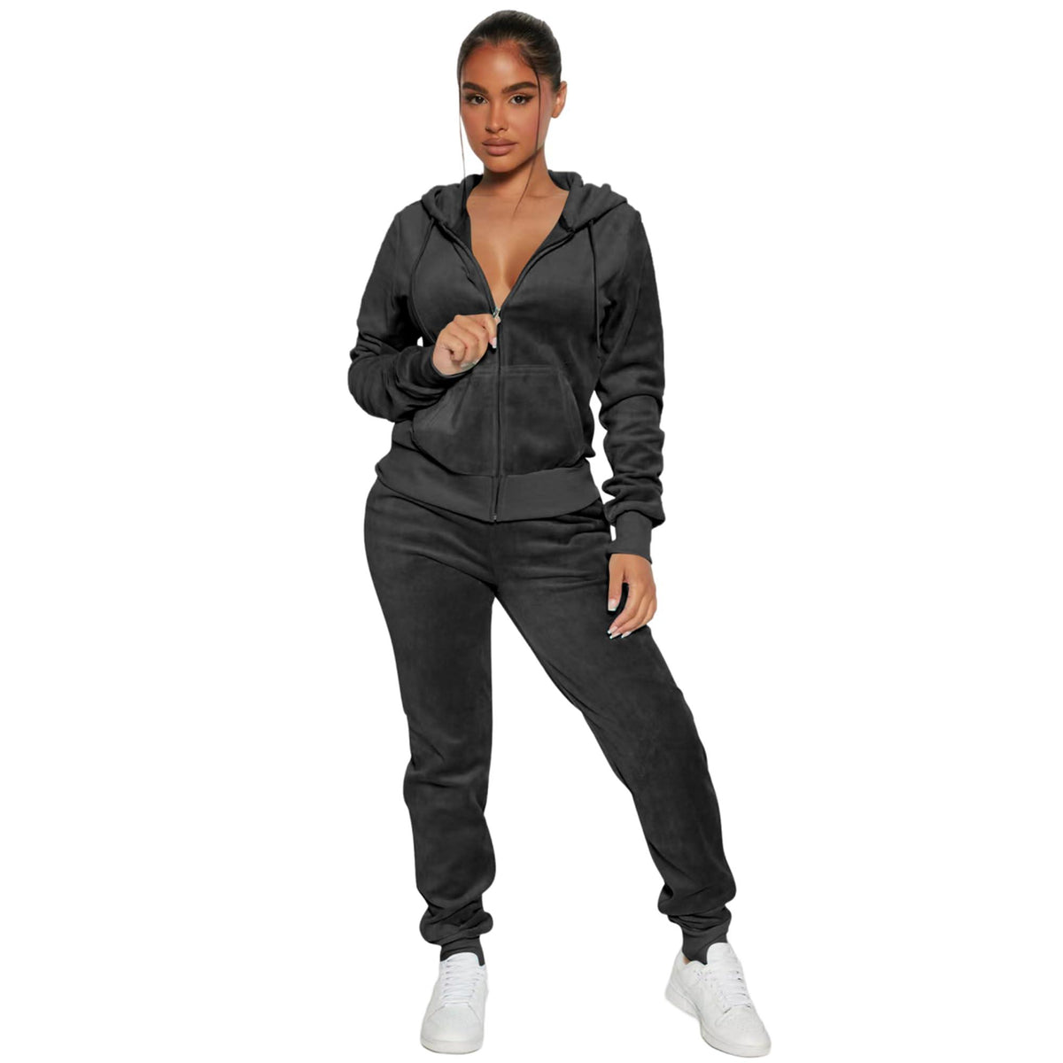 Women's 2-Piece Velour Tracksuit – Hooded Zip Crop Top & Jogger Pants