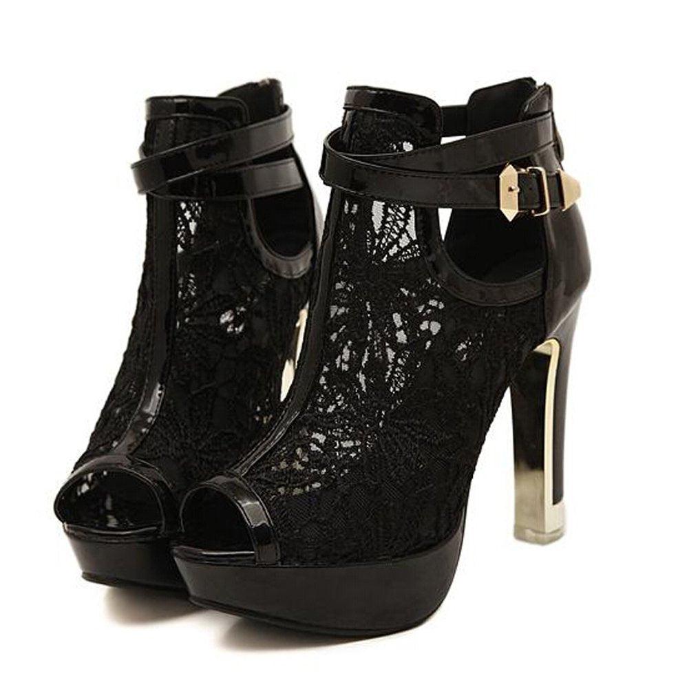 Women's Lace Flower Open Toe High Heel Ankle Boots with Buckle