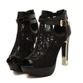 Women's Lace Flower Open Toe High Heel Ankle Boots with Buckle