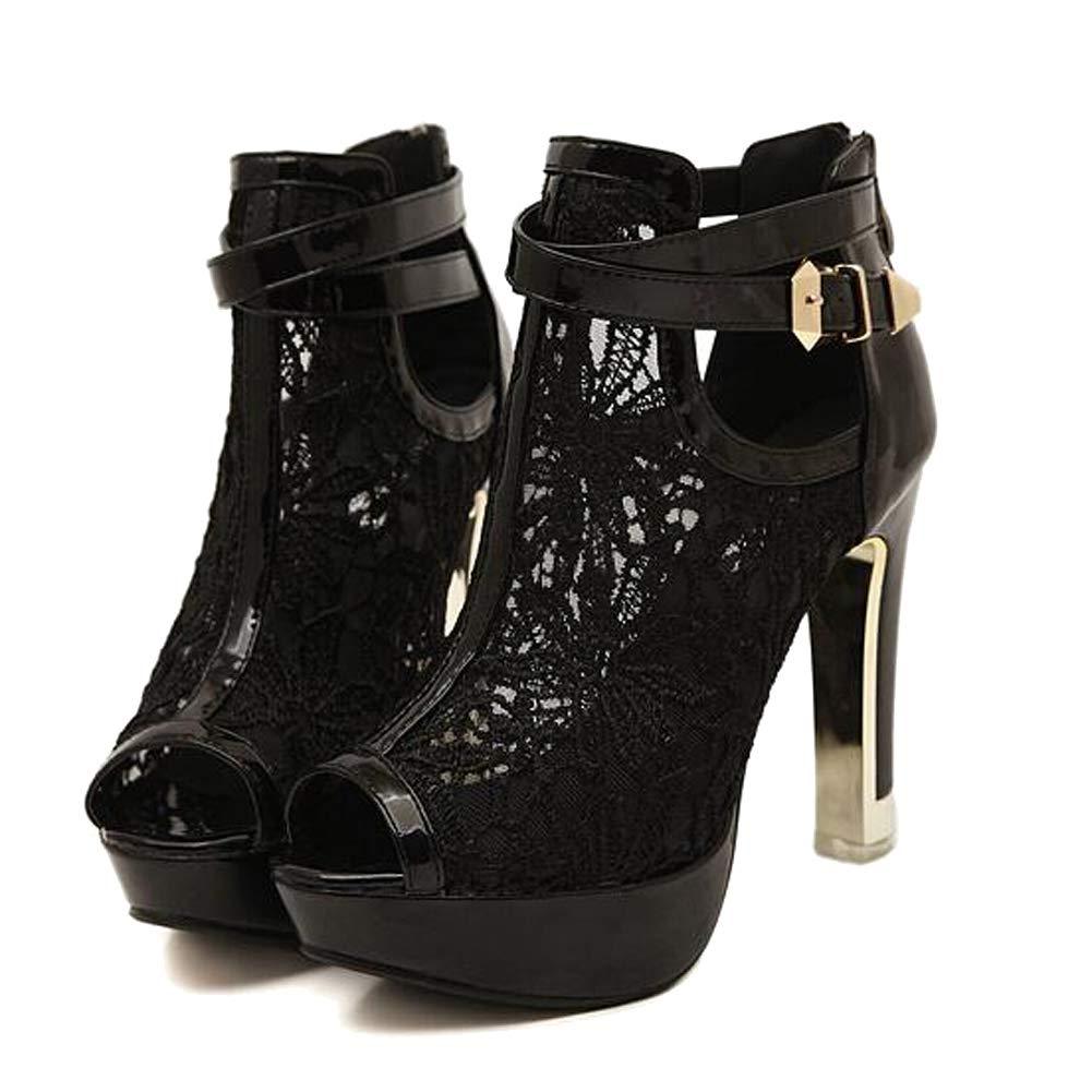 Women's Lace Flower Open Toe High Heel Ankle Boots with Buckle