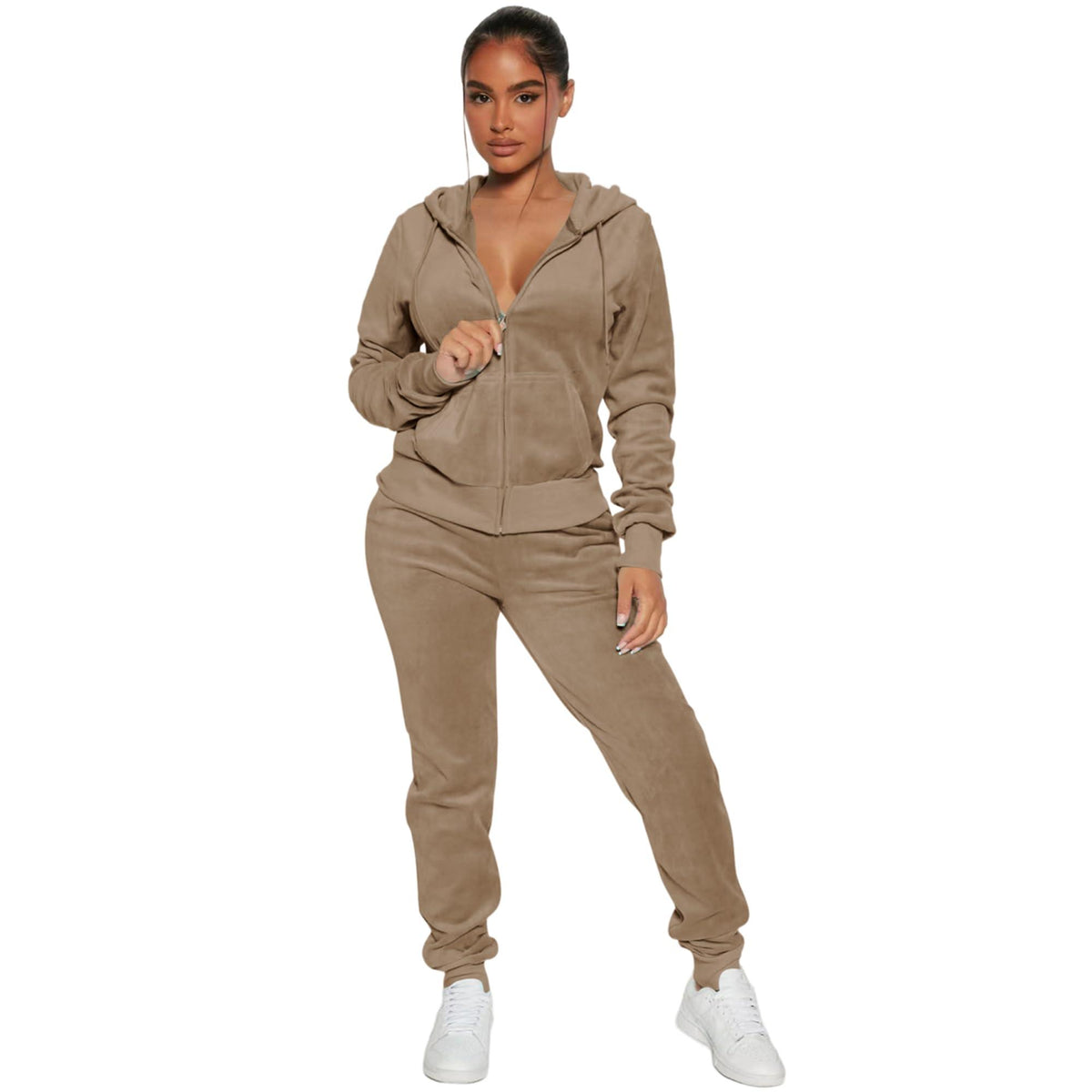 Women's 2-Piece Velour Tracksuit – Hooded Zip Crop Top & Jogger Pants