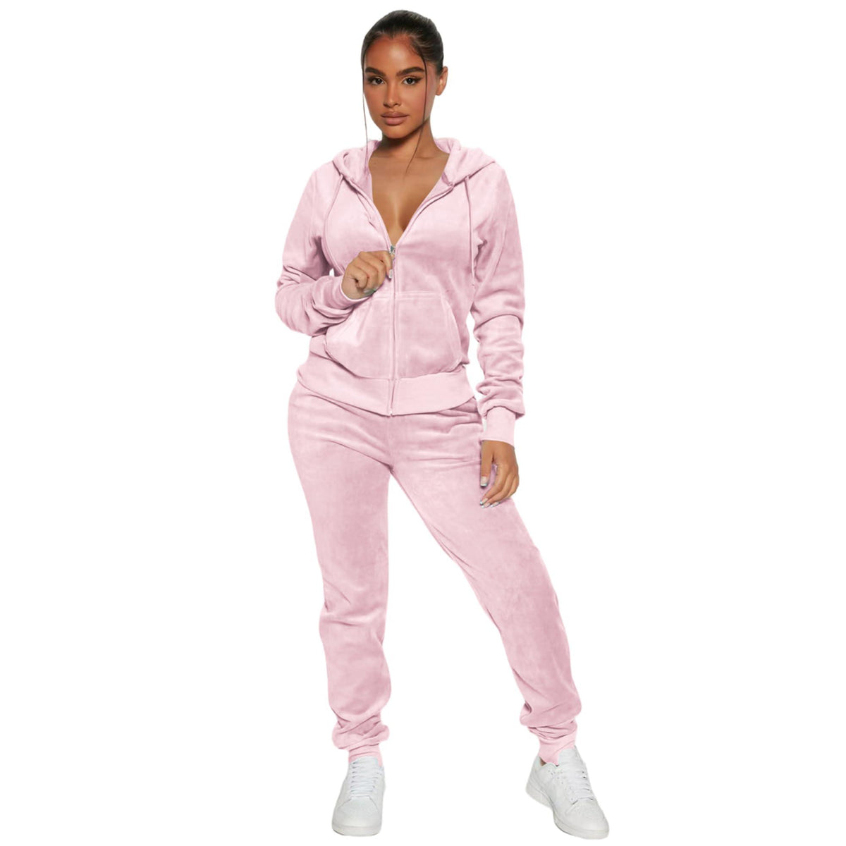 Women's 2-Piece Velour Tracksuit – Hooded Zip Crop Top & Jogger Pants