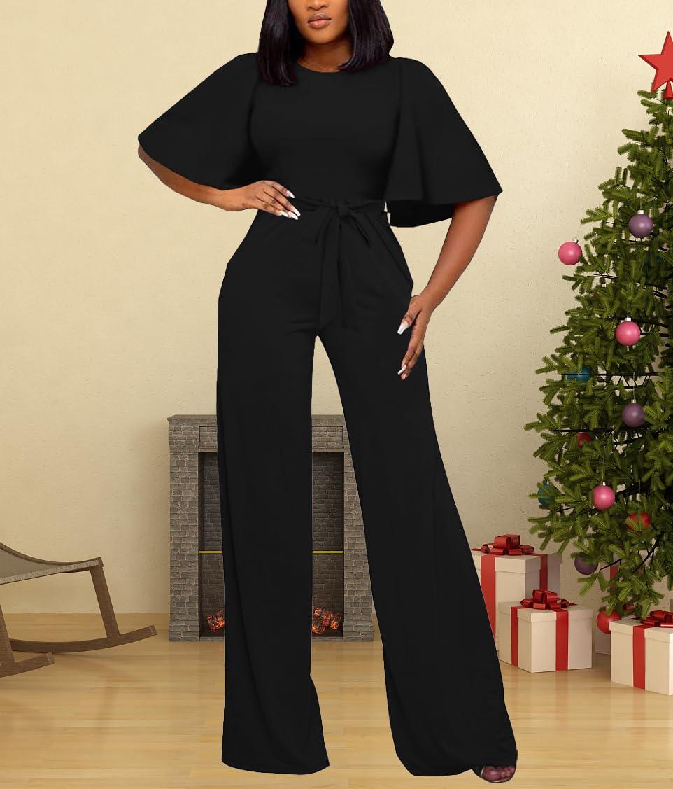 Women's Loose Short Sleeve Belted Wide Leg Jumpsuit – Casual Business One Piece