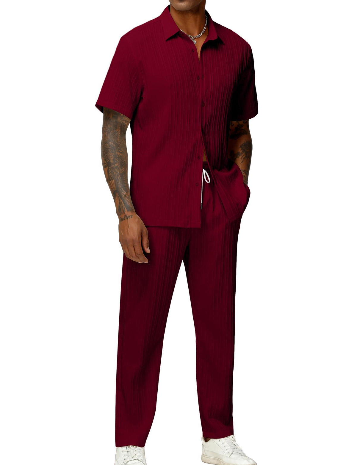 LecGee Men's 2 Piece Vertical Striped Textured Outfits Summer Casual Button Down Shirts And Pants Matching Sets