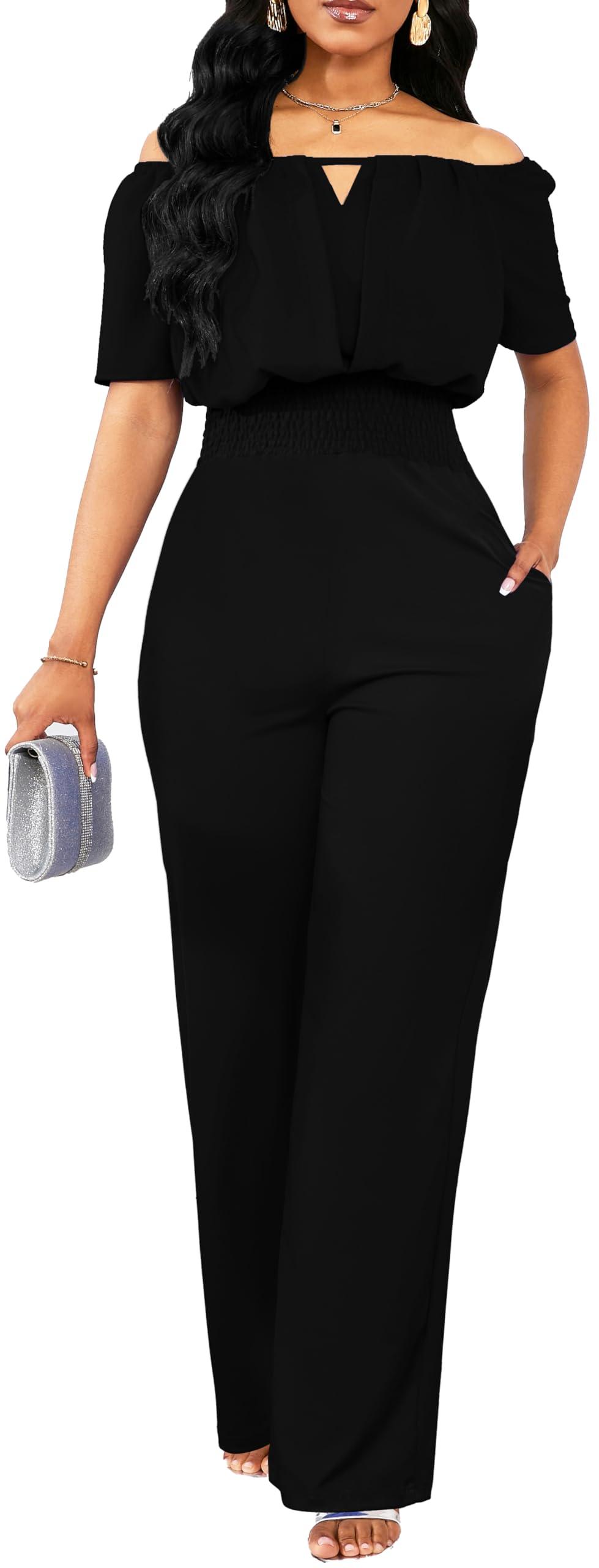 Off the Shoulder Jumpsuit for Women – Elegant Long Pants with Pockets