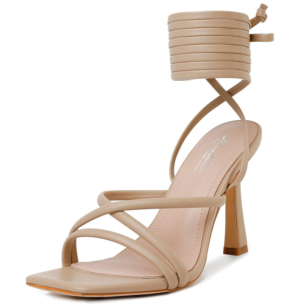 Mostrin Women's Strappy Lace-Up Stiletto Heels – Square Open Toe High Heel Sandals