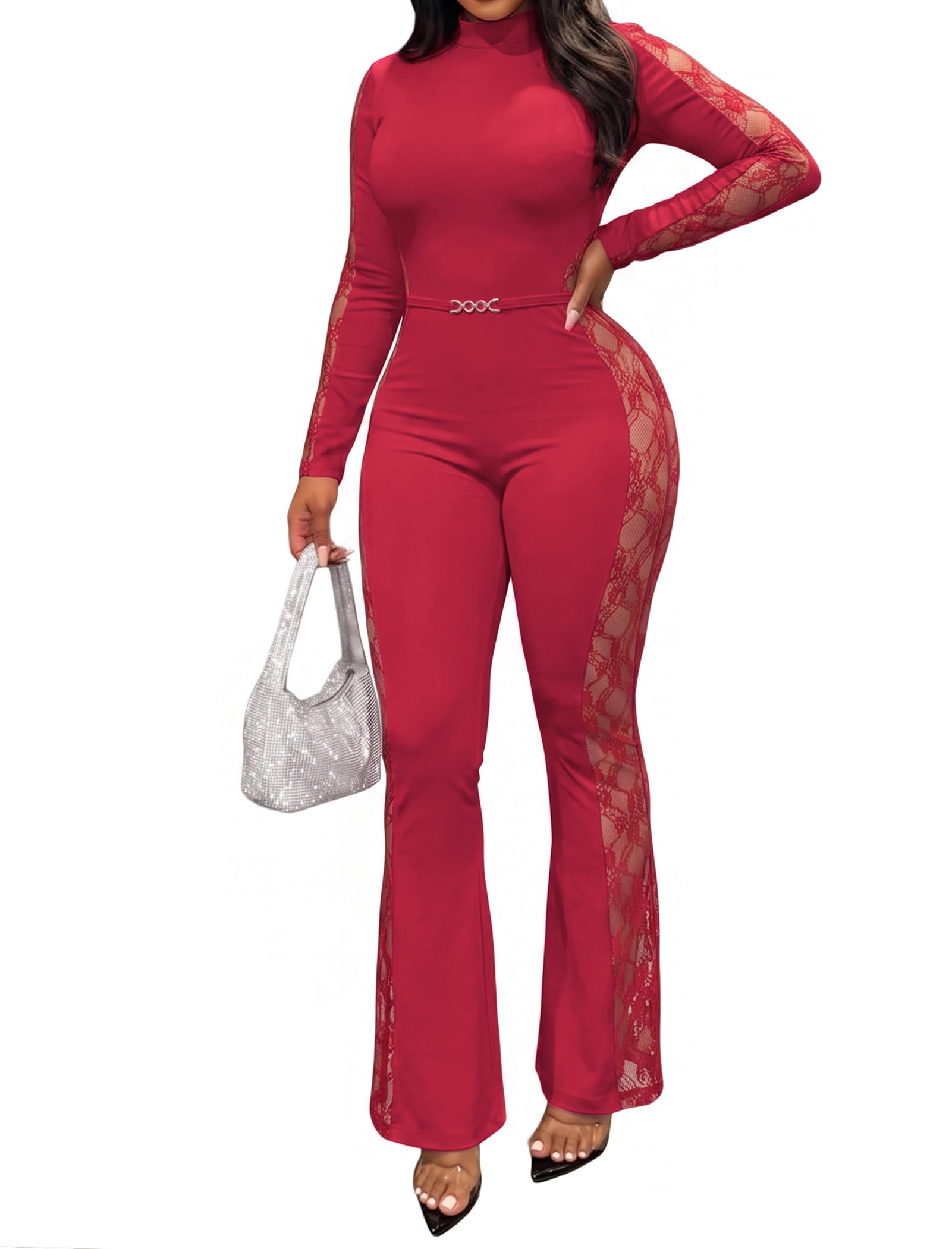 Lace Panel Bodycon Jumpsuit for Women