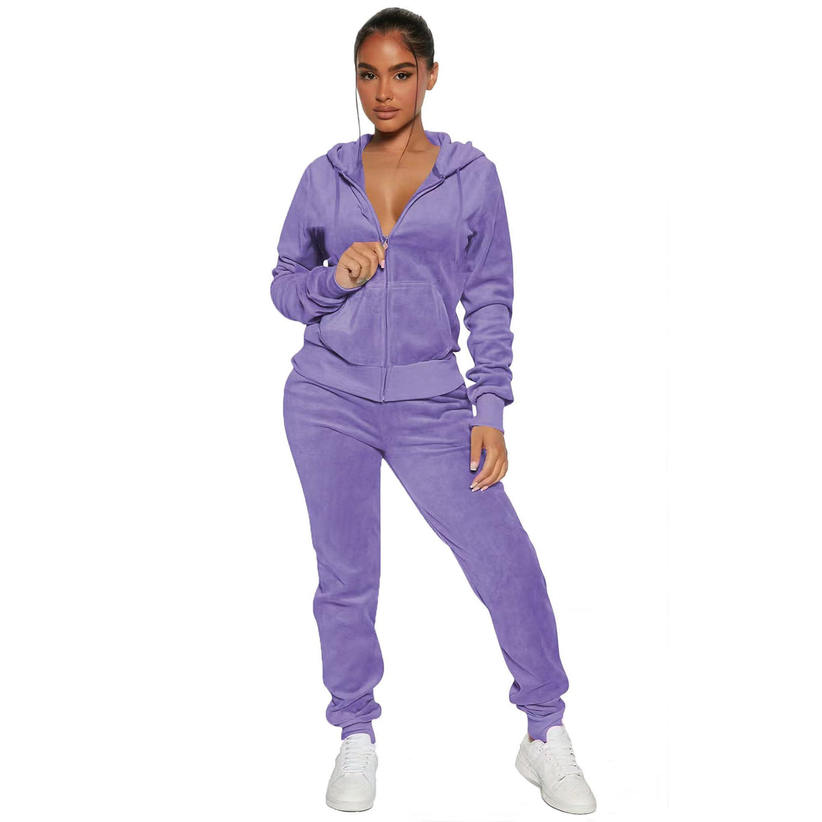 Women's 2-Piece Velour Tracksuit – Hooded Zip Crop Top & Jogger Pants