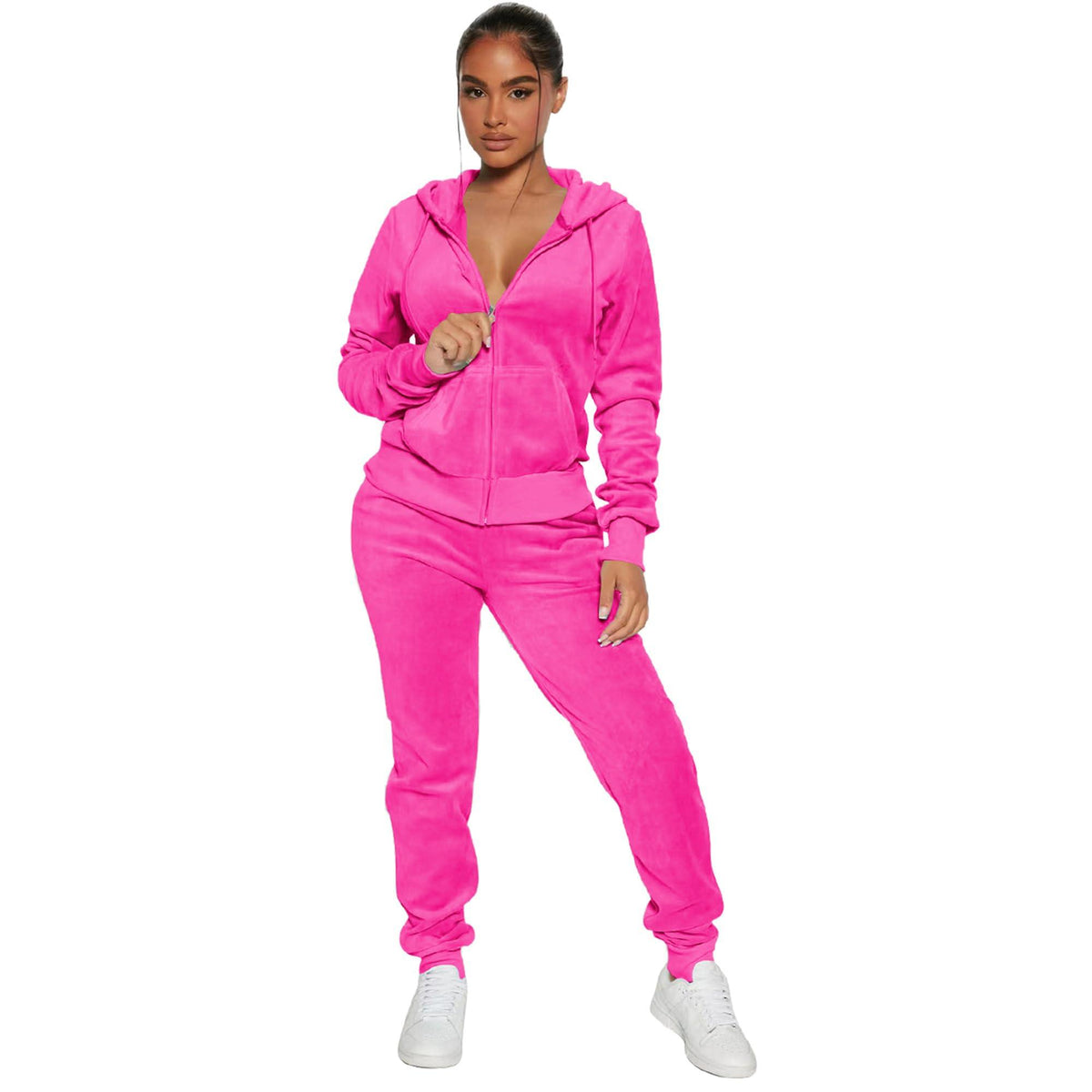 Women's 2-Piece Velour Tracksuit – Hooded Zip Crop Top & Jogger Pants