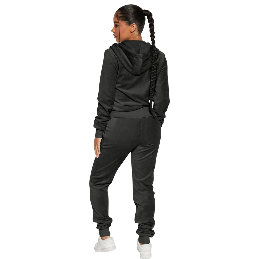 Women's 2-Piece Velour Tracksuit – Hooded Zip Crop Top & Jogger Pants