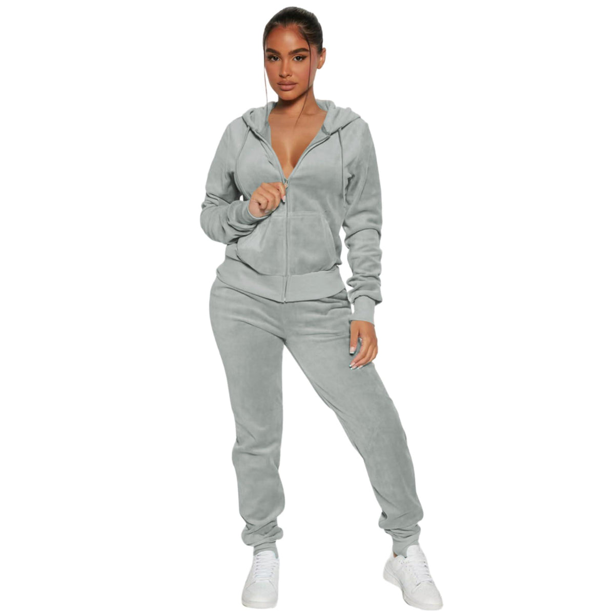 Women's 2-Piece Velour Tracksuit – Hooded Zip Crop Top & Jogger Pants