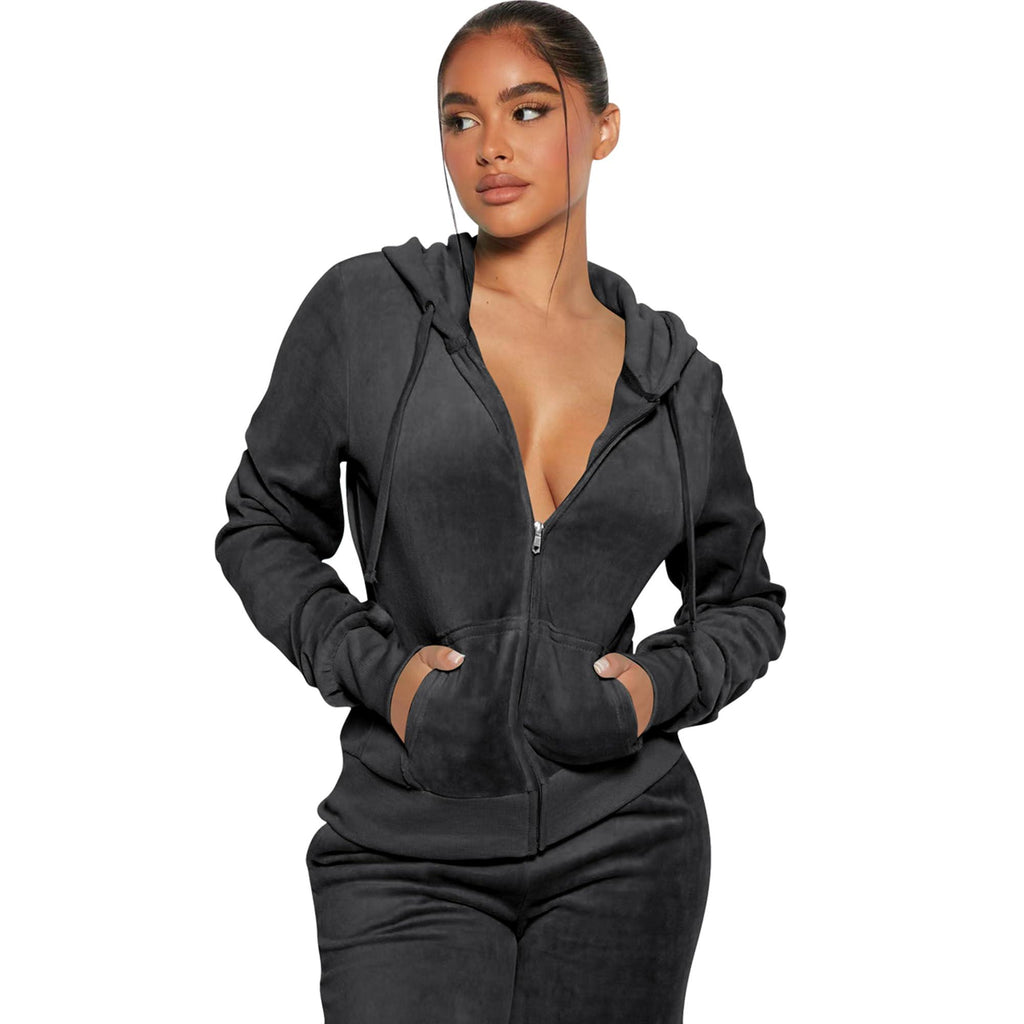 Women's 2-Piece Velour Tracksuit – Hooded Zip Crop Top & Jogger Pants