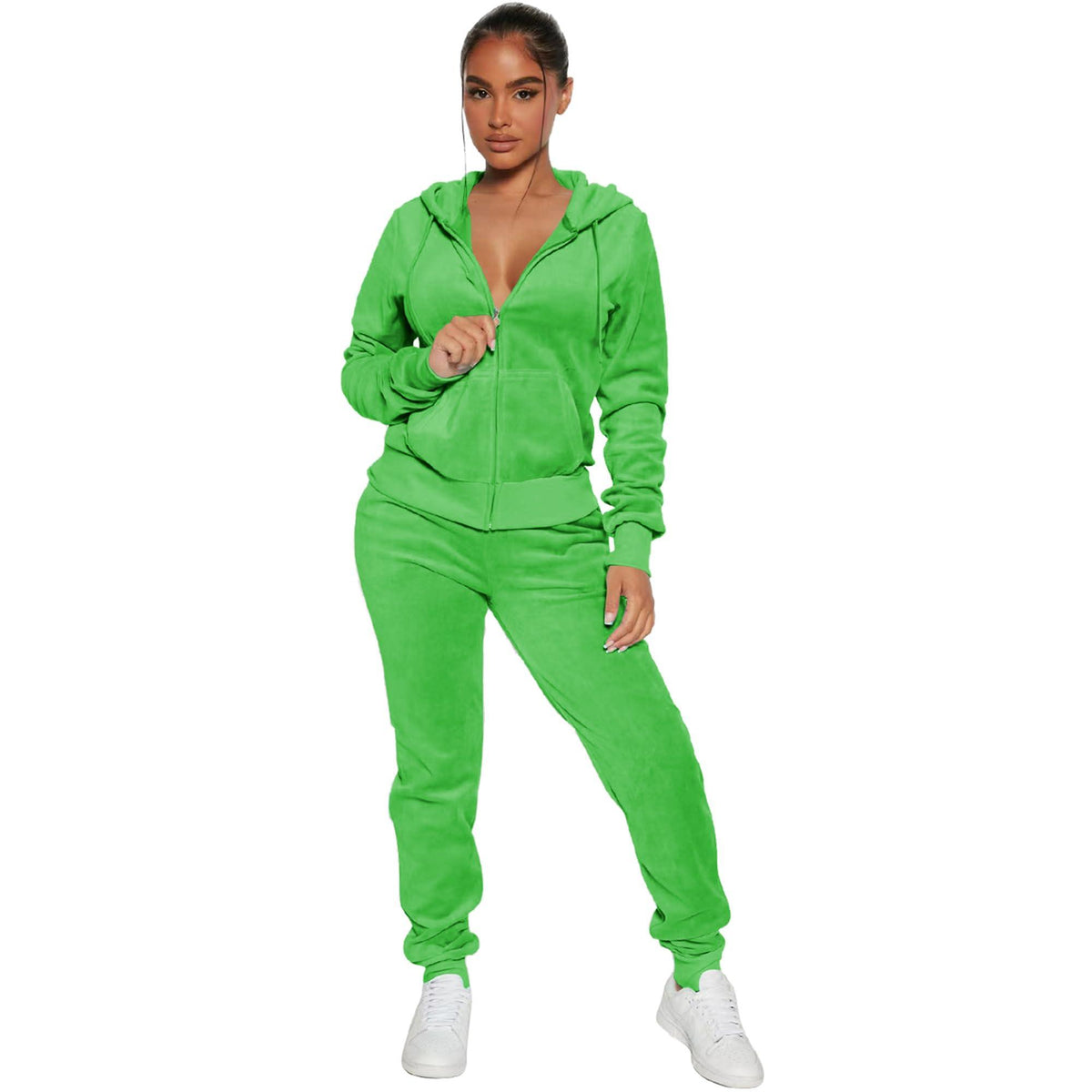 Women's 2-Piece Velour Tracksuit – Hooded Zip Crop Top & Jogger Pants