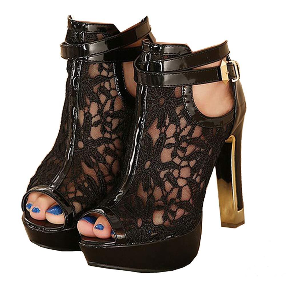 Women's Lace Flower Open Toe High Heel Ankle Boots with Buckle