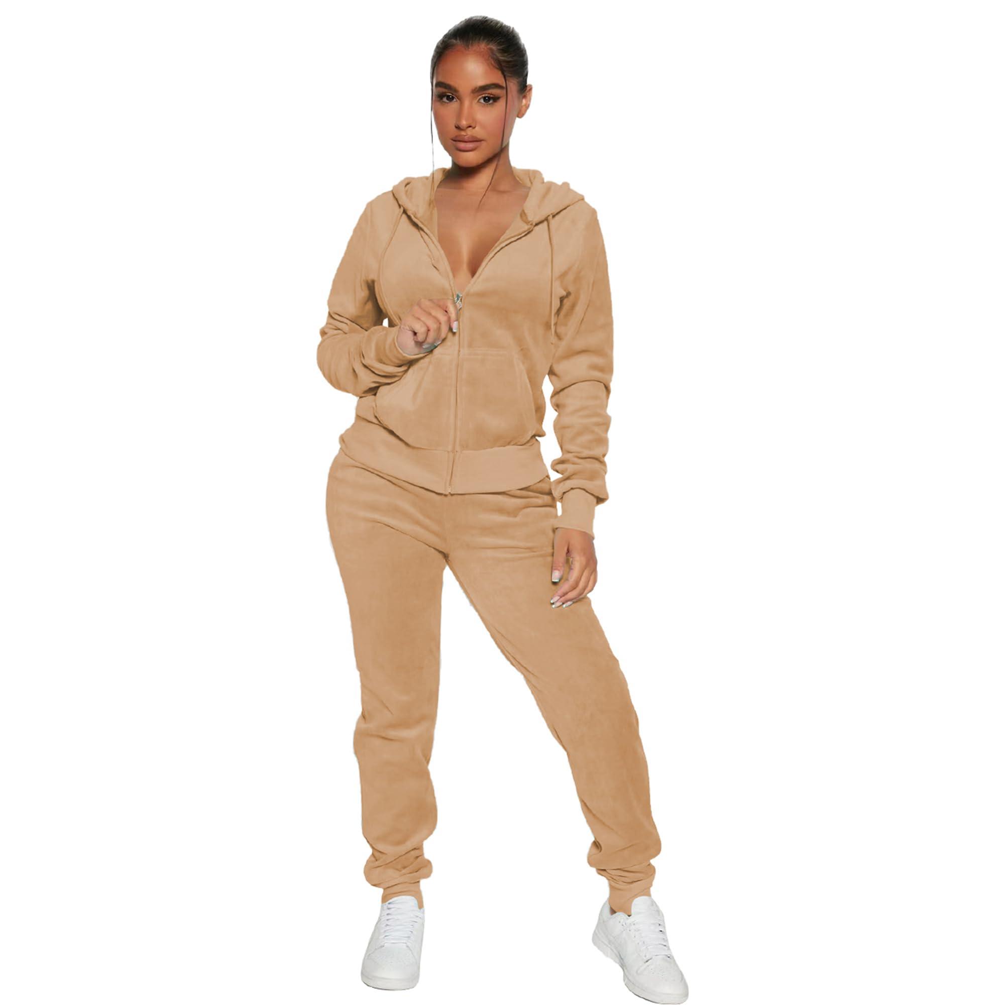 Women's 2-Piece Velour Tracksuit – Hooded Zip Crop Top & Jogger Pants