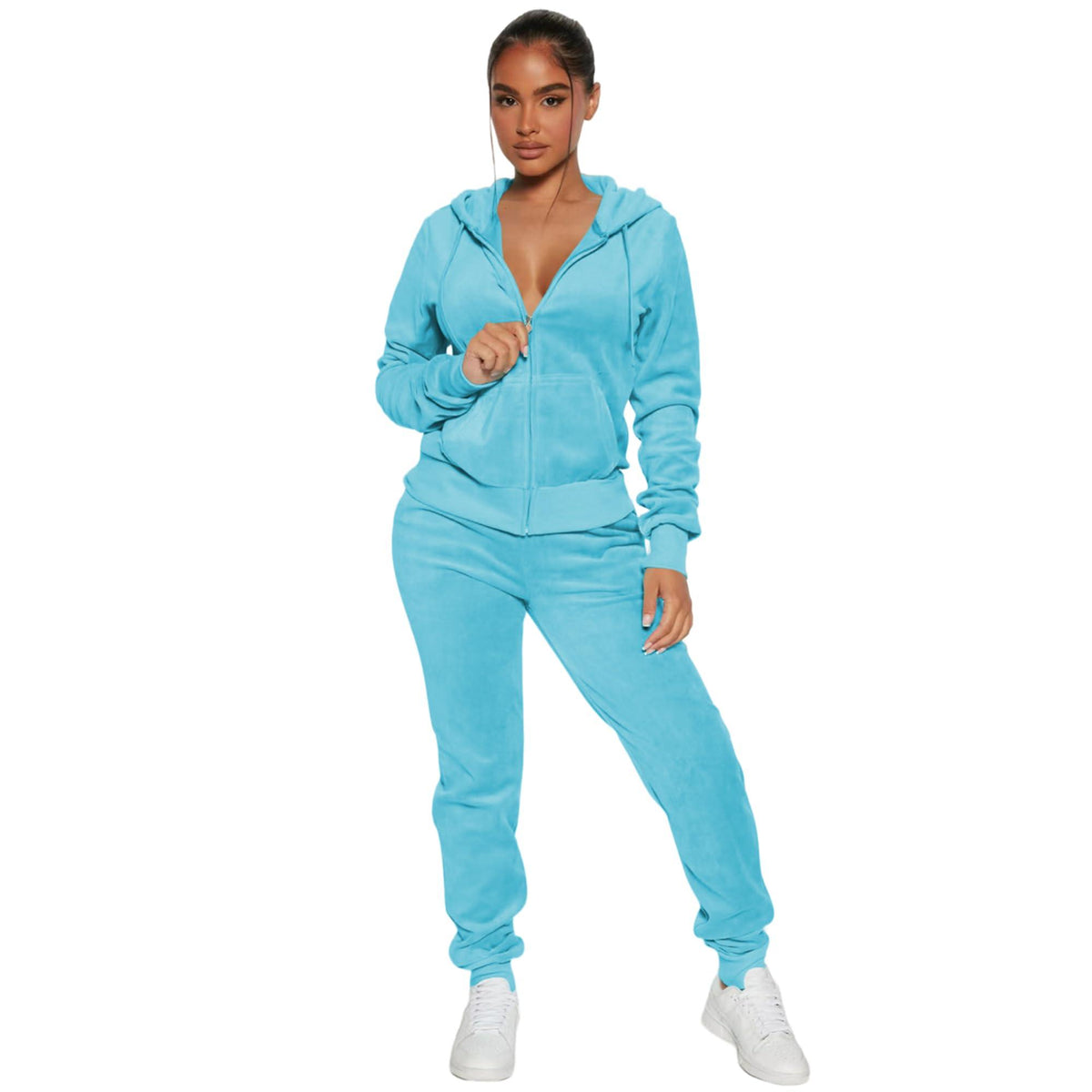 Women's 2-Piece Velour Tracksuit – Hooded Zip Crop Top & Jogger Pants