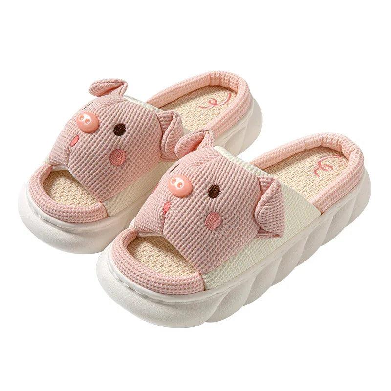 Piggy Cute Couple Open Toe Linen Cotton Linen Slippers - Dazzling Beauty Solution