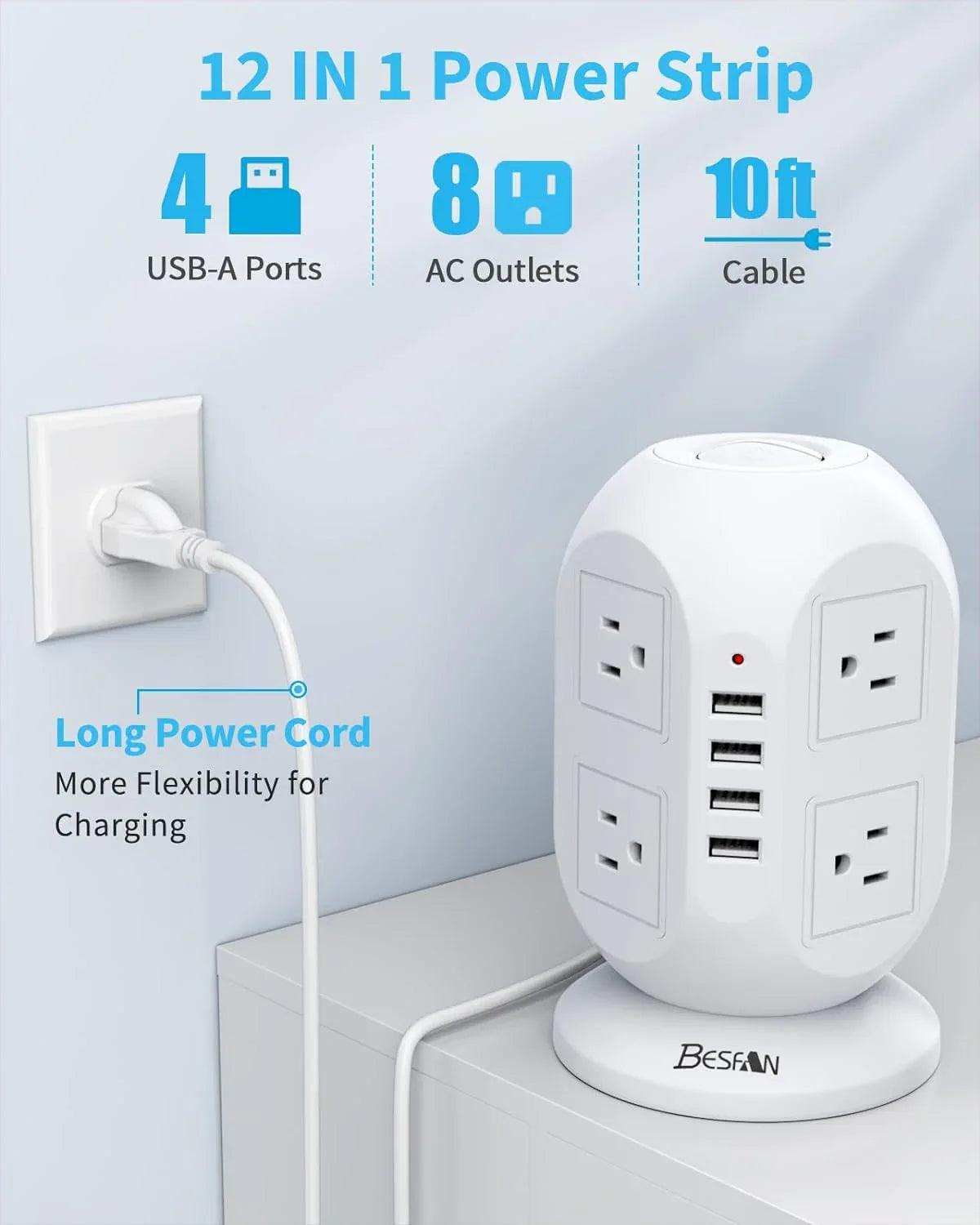 12-in-1 Power Strip Tower with USB Ports – 10FT Extension Cord, Surge Protector & Space-Saving Design - Dazzling Beauty Solution