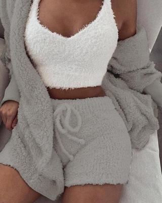 3pcs Women’s Pajama Set – Crop Top & Drawstring Shorts Loungewear - Dazzling Beauty Solution